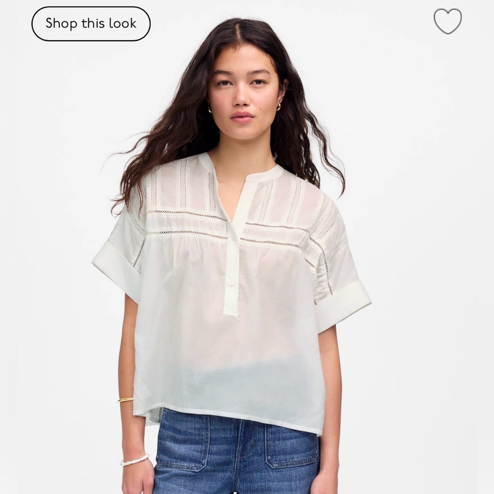 Madewell White Lace Inset Pintucked Henley Top Size S. NWT